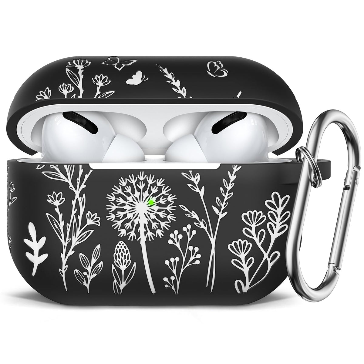 Minyee Airpods Pro 2nd Generation Case Cute Floral Engraved Soft Silicone Two-Tone Protective Cover Compatible with Apple Airpods Pro 2nd & 1st Generation Replacement Case with Keychain Black/White