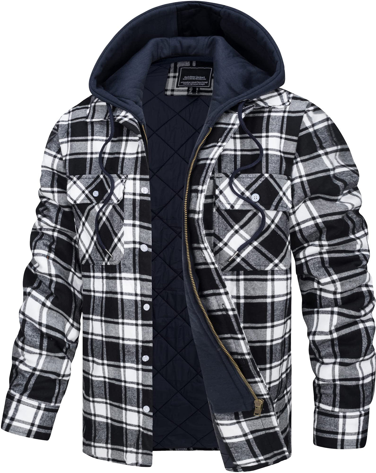 TACVASEN Flannel Hoodie for Men Long Sleeve Quilted Lined Flannel Shirt Jacket with Hood Flannel Shirts for Men Quilted Hood Coat Windproof