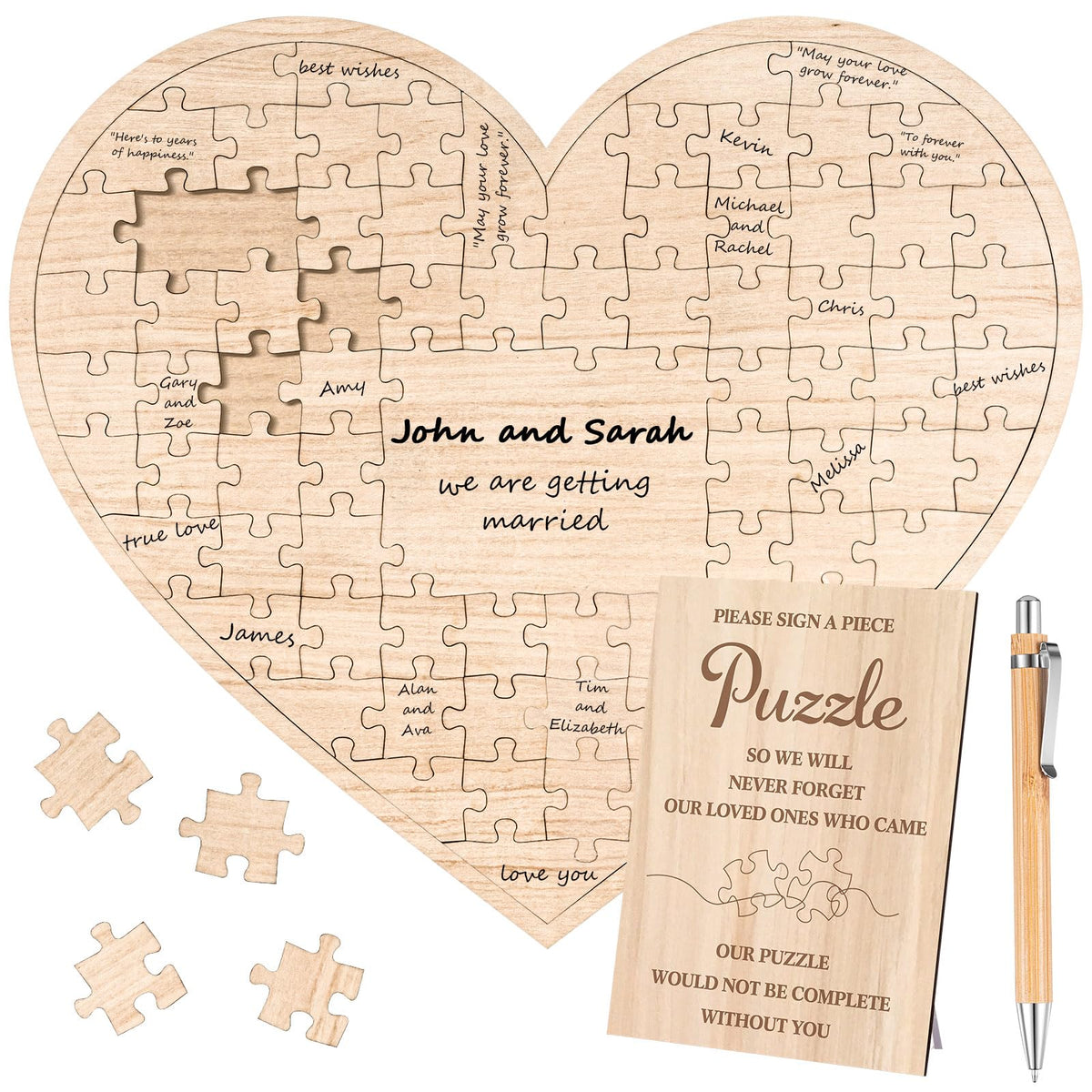 Wooden Jigsaw Puzzle Wedding Guest Book Alternative Guest Book with Sign and Pen Wooden Heart Shaped Wedding Guest Book Personalized Bridal Shower Guest Book for Engagement Anniversary Party77 Pieces