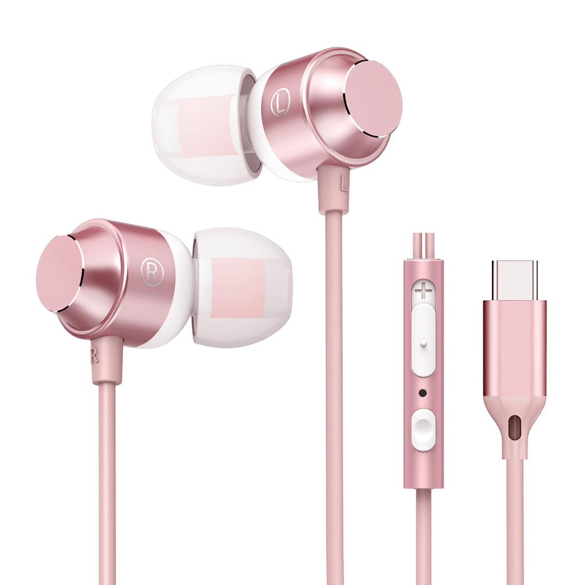 USB C Earbuds Rose Gold Type C in Ear Headphones Wired Stereo Bass Pink Earphones with Micphone and Volume Control Compatible with iPhone 15 Samsung Google Pixel Smart Phones