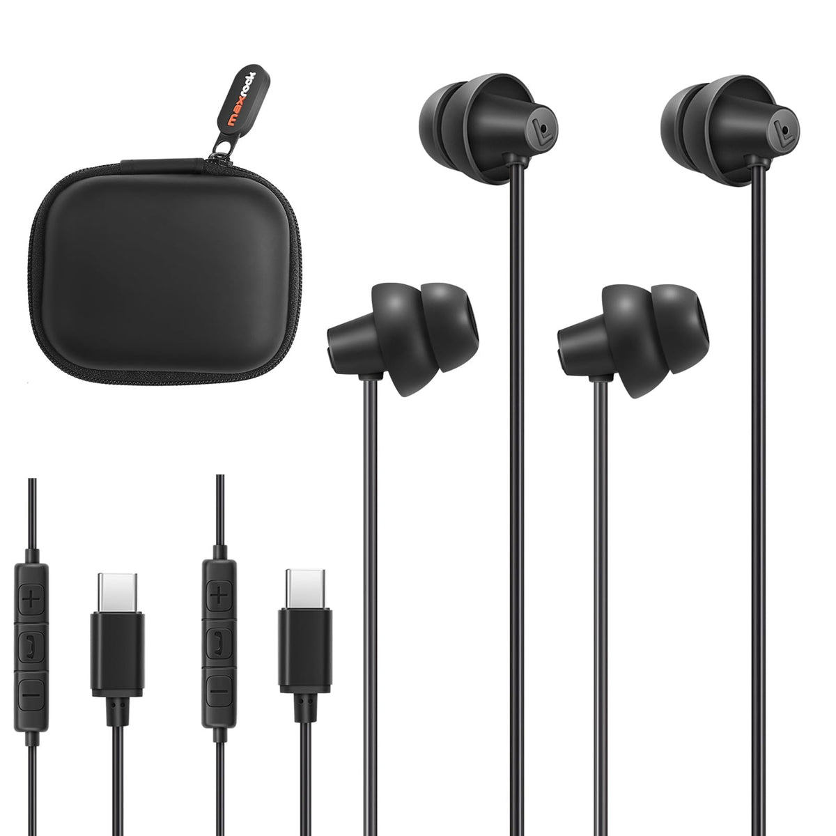 MAXROCK 2PCS Sleep Wired Headphones with USB-C Plug Wired Ear Buds or Sleeping Earphones with Built-in Remote to Control Music Phone Calls and Volume for iphone15 Samsung Android Phones