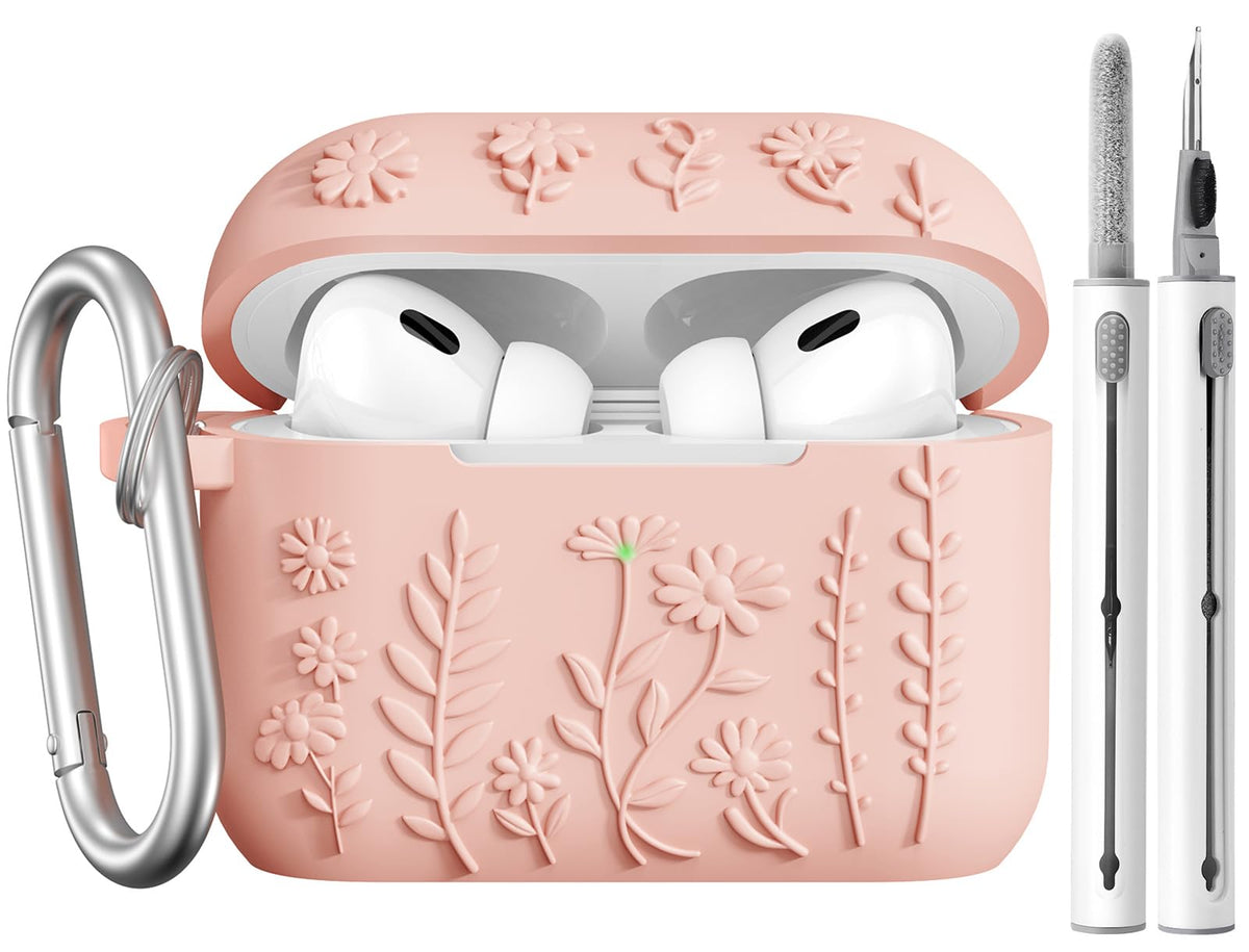 AIRSPO Airpod Pro 2nd Generation Case 3D Floral Embossed Soft Silicone Protective Cover with Cleaner Kit for Apple Airpods Pro 2nd 1st Gen Case with Keychain (2023/2022) Pink