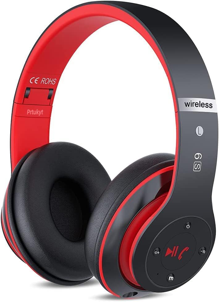 Prtukyt 6S Bluetooth Headphones Over-Ear Hi-Fi Stereo Foldable Wireless Stereo Headsets Earbuds with Built-in Mic Volume Control FM for iPhone/Samsung/iPad/PC (Black & Red)
