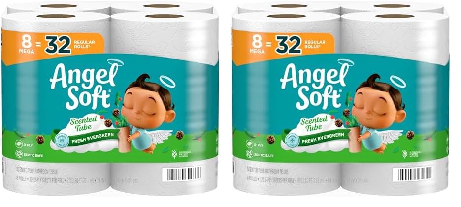 Angel Soft Toilet Paper 8 Mega Rolls with Evergreen Scented Tube (Pack of 2)