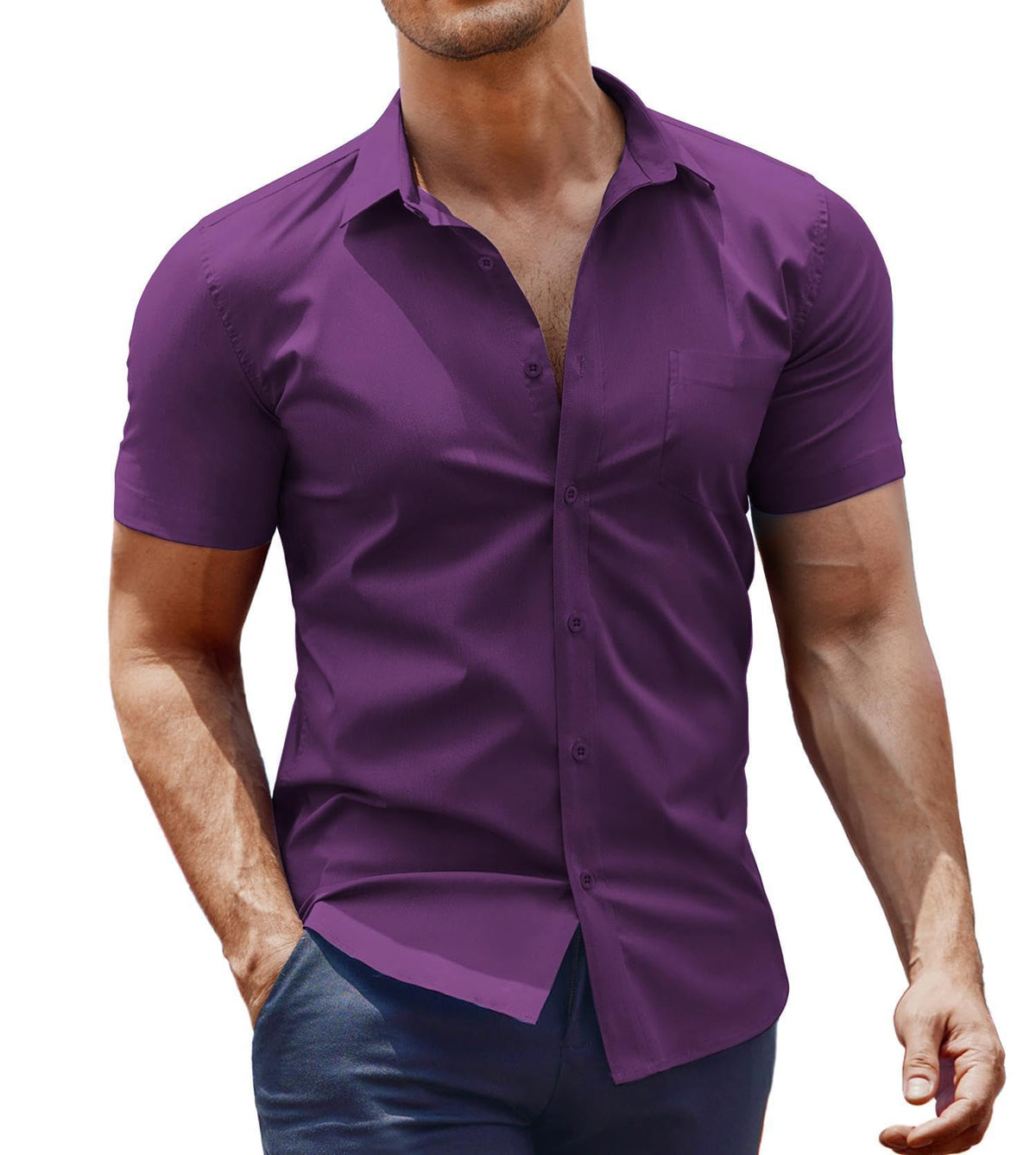 COOFANDY Short Sleeve Dress Shirts for Men Casual Button Down Shirts with Pocket Fashion Summer Shirts Purple