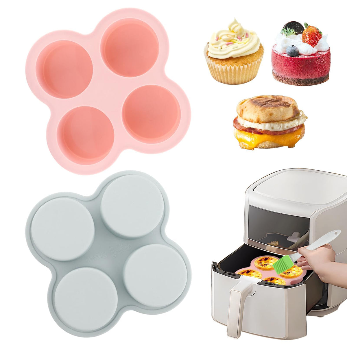 Reusable Silicone Air Fryer Egg Mold 2 Pcs 4 Cavity Non-Stick Air Fryer Baking Pan with Oil Brush Silicone Muffin Pans Muffin Cups for Baking Hamburger Bun Pan(pinkblue)