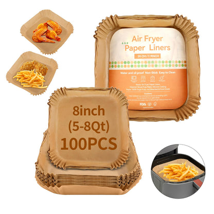 100 PCS 8 Inch Air Fryer Liners Disposable Paper Non-Stick & Oil-Proof Disposable Liners for Easy Clean up Fits 5-8 QT Air Fryer Roasting Microwave Waterproof Food Grade Baking Paper