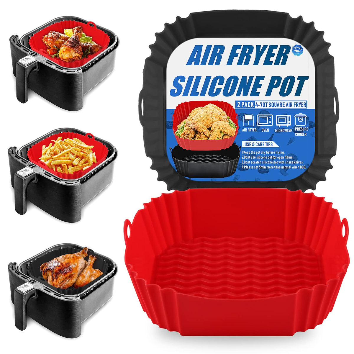 2-Pack Square Silicone Air Fryer Liners for 4-7QT 8 Inch Silicone Air Fryer Liners Pot Food Safe Air Fryer Oven Accessories Replacement Of Parchment Paper Reusable Air Fryer Silicone Inserts