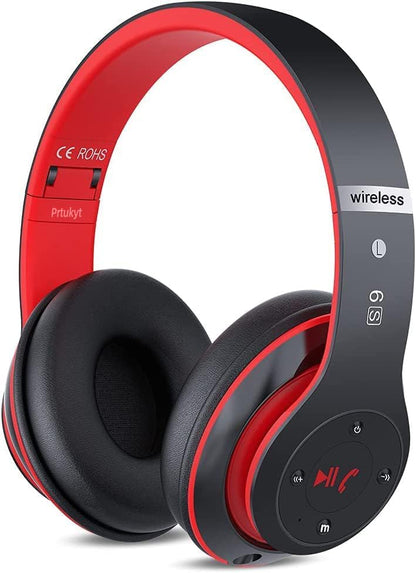 Prtukyt 6S Bluetooth Headphones Over-Ear Hi-Fi Stereo Foldable Wireless Stereo Headsets Earbuds with Built-in Mic Volume Control FM for iPhone/Samsung/iPad/PC (Black & Red)