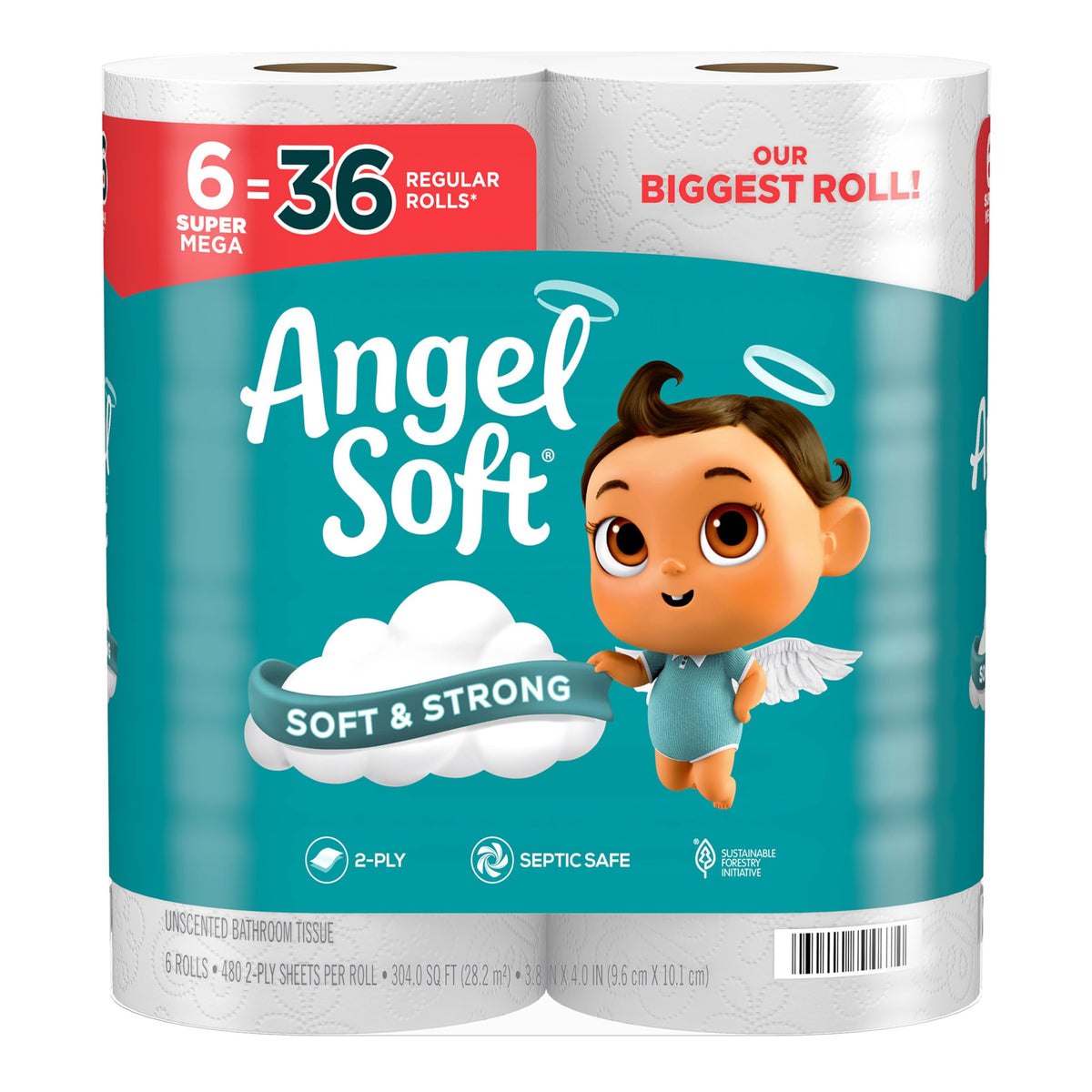 Angel Soft Toilet Paper 6 Super Mega Rolls = 36 Regular Rolls Soft and Strong Toilet Tissue
