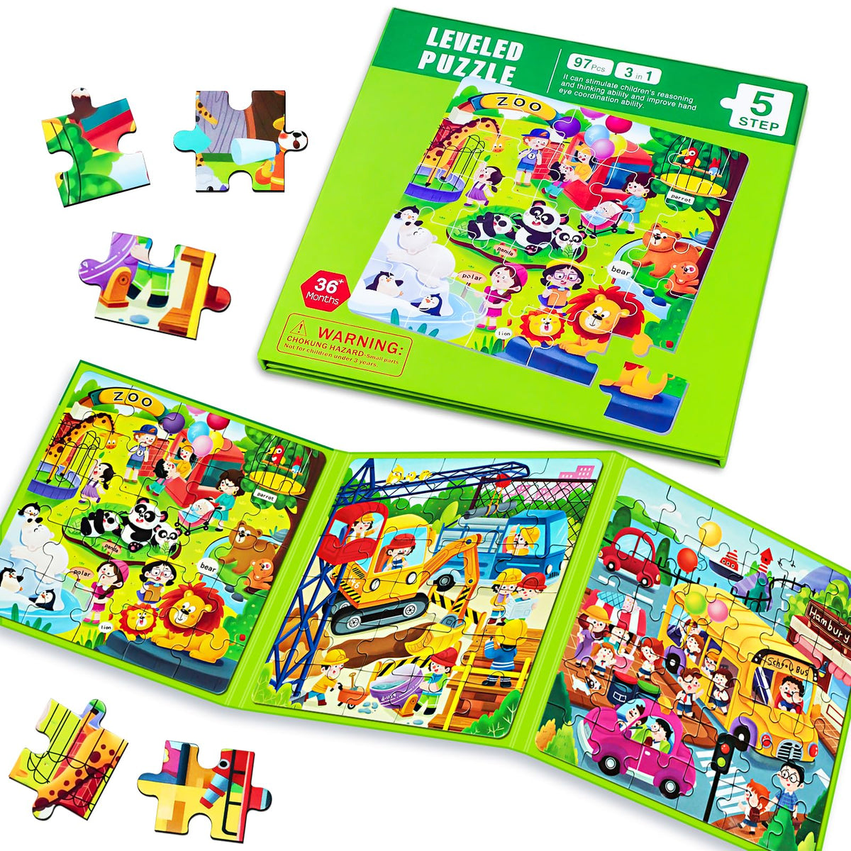 Magnetic Puzzles for Kids Ages 4-8 3 in 1 Cartoon Jigsaw Puzzle Book Kids Travel Puzzles Toys Preschool Learning Toy for Kids 3-8 Year (Green Zoo)