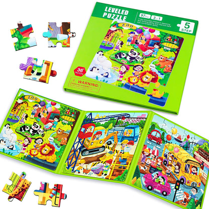 Magnetic Puzzles for Kids Ages 4-8 3 in 1 Cartoon Jigsaw Puzzle Book Kids Travel Puzzles Toys Preschool Learning Toy for Kids 3-8 Year (Green Zoo)
