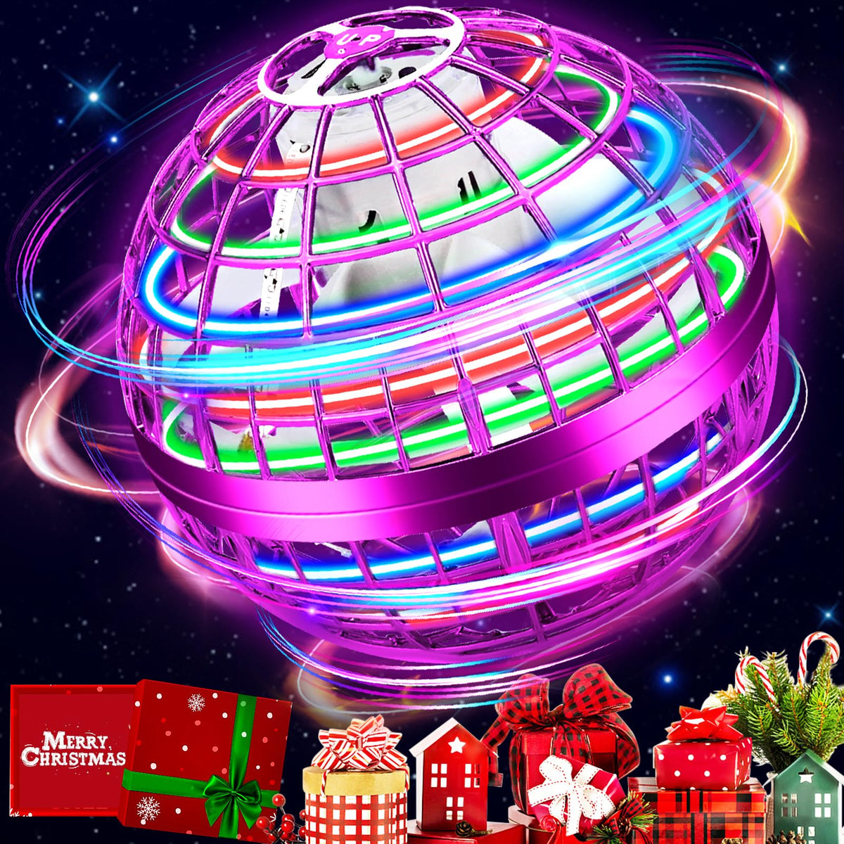 Flying Orb Ball ToyFlying Ball Drone Hand Controlled Flying Hover Ball Toys with LED Light Cool Toys Birthday Gift Cosmic Globe Boomerang Ball for Boys and Girls (Purple)