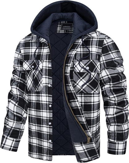 TACVASEN Flannel Hoodie for Men Long Sleeve Quilted Lined Flannel Shirt Jacket with Hood Flannel Shirts for Men Quilted Hood Coat Windproof