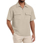 Lepunuo Mens Zipper Polo Shirts Linen Casual Shirts Short Sleeve Loose Golf Shirts Soft Pullover Khaki
