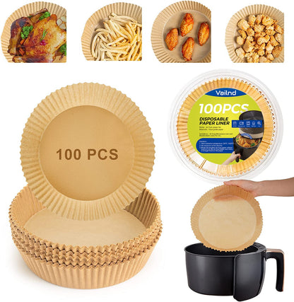 Air Fryer Paper Liners Disposable: 8 Inch Max Xl Large Cooker Air Fryer Disposable Paper Liners 100Pcs Oil Proof Parchment Sheets Round Basket Bowl Liner for Baking Cooking Food from vailnd