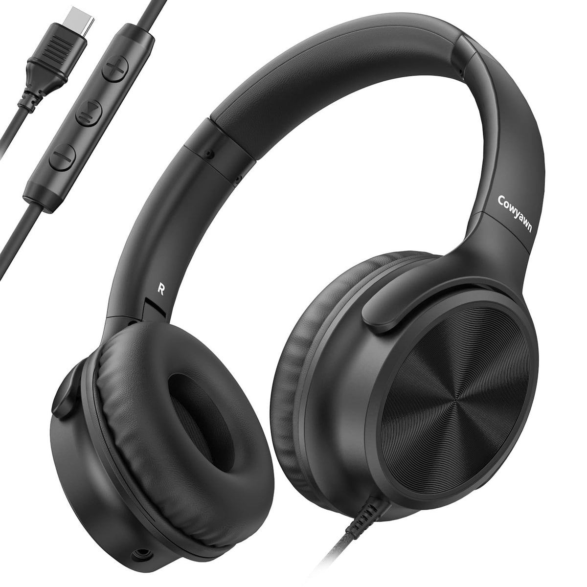 Cowyawn USB C Headphones Over Ear Wired Headphones with Mic and Volume Control Hi-Fi Stereo Sound Foldable USB Type C Headphones for Smartphones Chromebook Laptop Computer Tablets Travel (Black)