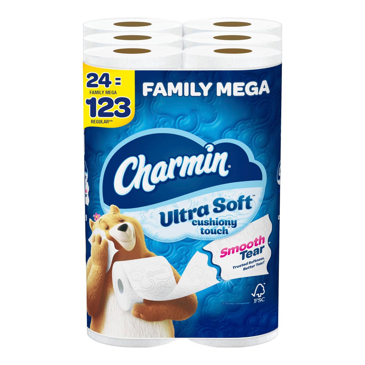 Charmin Ultra Soft Cushiony Touch Toilet Paper 24 Family Mega Rolls = 123 Regular Rolls