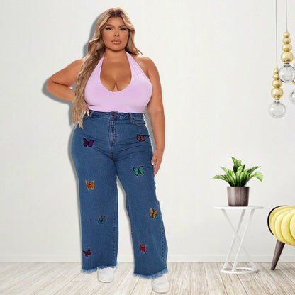 Plus Size High Waist Butterfly Jean Trouser for Women