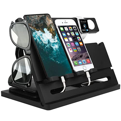 Bamboo Double Phone Docking Station Ash Key Holder Wallet Stand Watch Organizer Men Wife Dad Birthday Gift Nightstand Father Gadgets Compatible with iPhone iWatch-Black